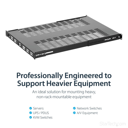 StarTech.com 1U 4-Post Adjustable Vented Server Rack Mount Shelf Maximum Weight 150kg