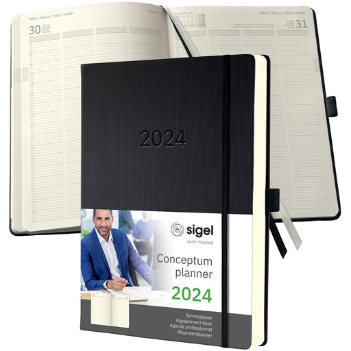 Sigel Conceptum Appointment Diary A4+ Day To Page 2024 Hard Cover Softwave Surface With Elastic Fastener And Pen Loop Black - C2404