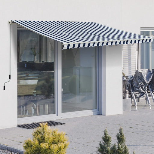 OutSunny Manual Retractable Awning, 3.5x2.5 m-Dark Blue/White Stripes