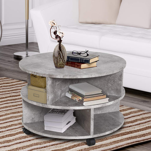 HOMCOM 2 Tier Round Side End Table with Divided Shelves and Wheels 600 x 600 x 390 mm