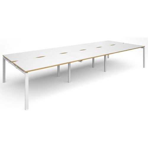 Dams International Rectangular Triple Back to Back Desk with White Melamine Top, Oak Edging and White Frame 4 Legs Adapt II 4200 x 1600 x 725 mm