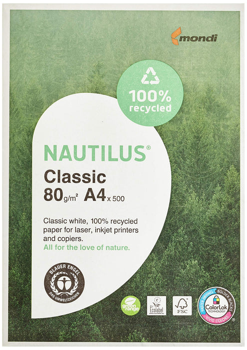 Nautilus Classic A4 Printer Paper White Recycled 100% 80 gsm Frosted 500 Sheets