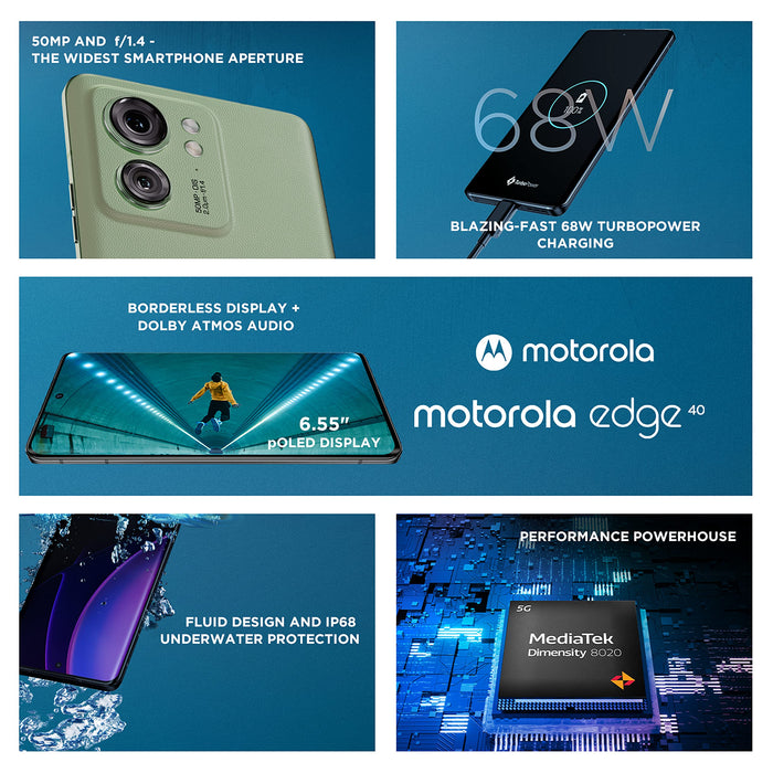 Motorola Moto Edge 40 - 5G smartphone - dual-SIM - RAM 8 GB / Internal Memory 256 GB - OLED display - 6.55" - 2400 x 1080 pixels (144 Hz) - 2x rear cameras 50 MP, 13 MP - front camera 32 MP - nebula green