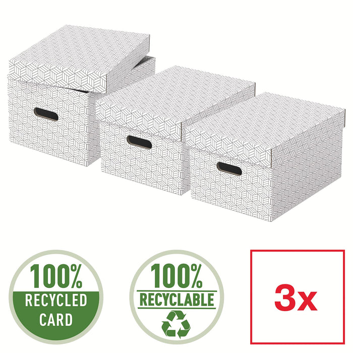 Esselte Home Storage Box 628282 Medium 100% Recycled Cardboard White 265 x 365 x 205 mm Pack of 3