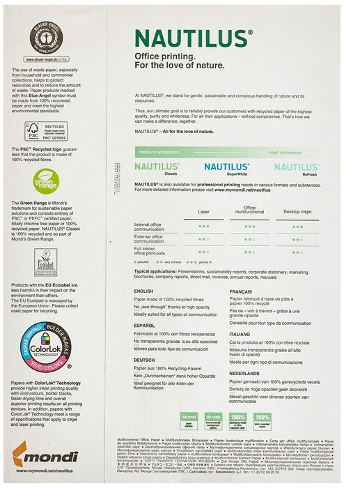 Nautilus Classic A4 Printer Paper White Recycled 100% 80 gsm Frosted 500 Sheets