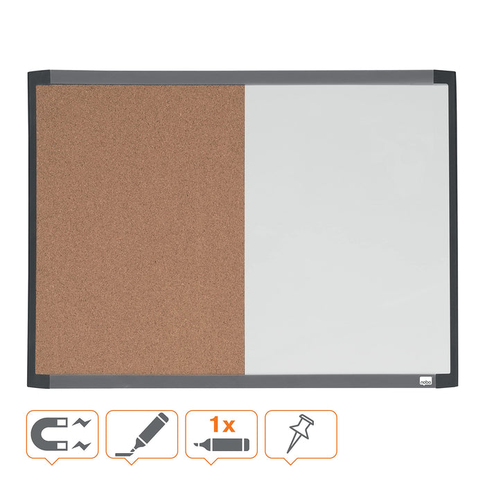 Nobo Small Wall Mountable Magnetic Whiteboard and Notice Board 1903784 Lacquered Steel, Cork Assorted Two Tone Frame 585 x 430 mm White, Brown