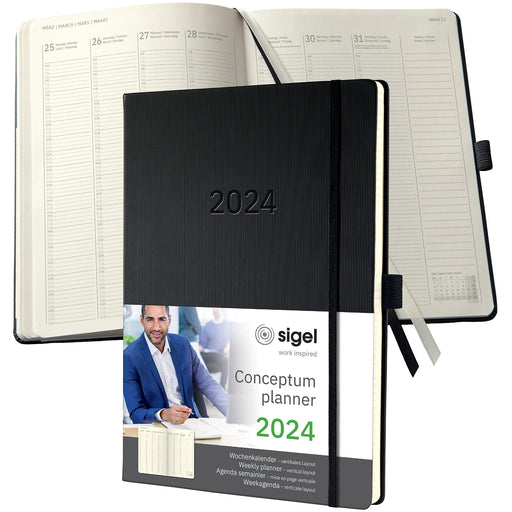 Sigel Conceptum Diary A4 Week To View 2024 Vertical Layout Hard Cover Softwave Surface With Elastic Fastener And Pen Loop Black - C2418