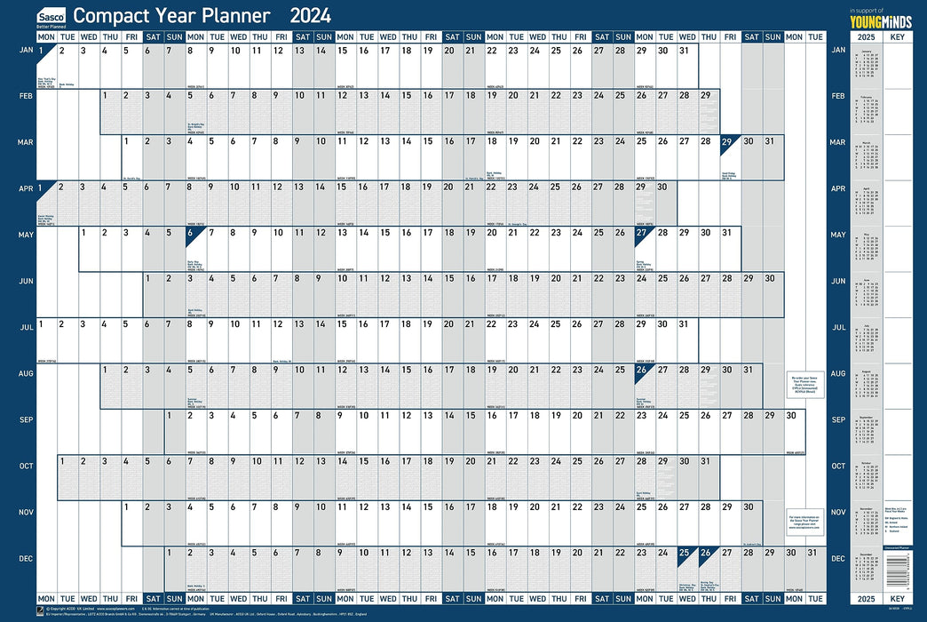 SASCO Compact Annual Planner Unmounted 2024 Landscape Blue English 61 x 40.5 cm