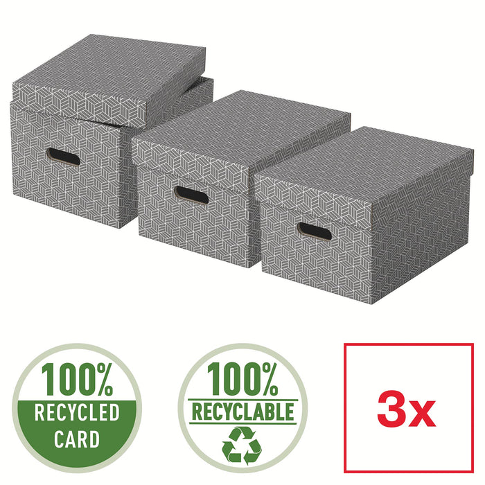 Esselte Home Storage Box 628283 Medium 100% Recycled Cardboard Grey 265 x 365 x 205 mm Pack of 3