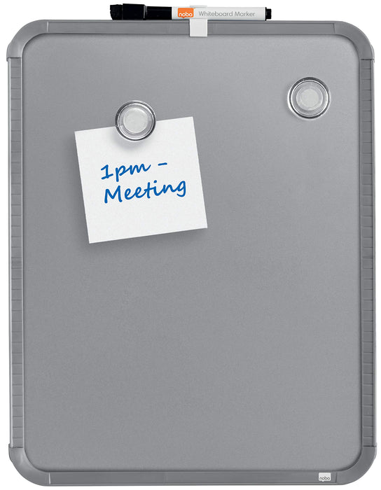 Nobo Mini Desktop or Wall Mountable Magnetic Whiteboard QB05442CD Lacquered Steeln Silver Slim Frame 280 x 360 mm White