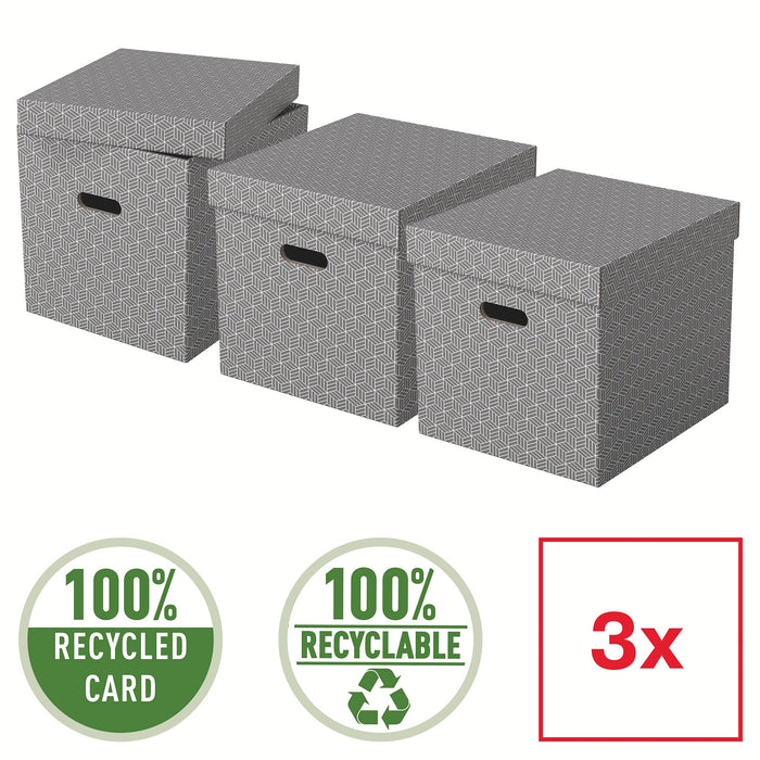 Esselte Home Storage Box 628289 Cube Large 100% Recycled Cardboard Grey 320 x 365 x 315 mm Pack of 3