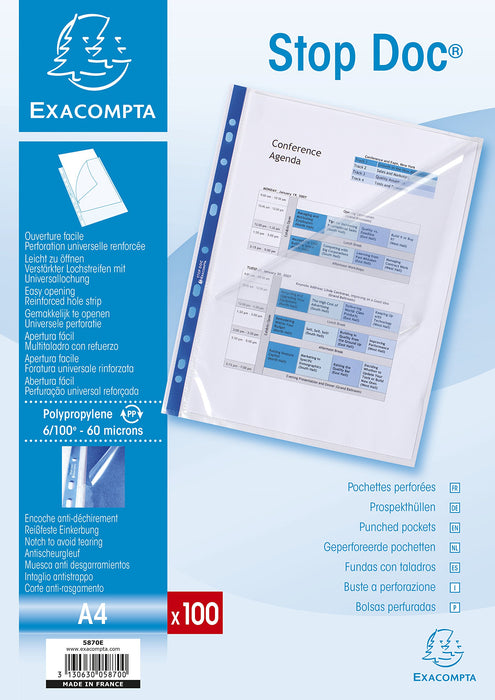 Exacompta STOP DOC Punched Pockets A4 Clear Transparent 0,06mm Polypropylene Top Opening 5870E Pack of 100