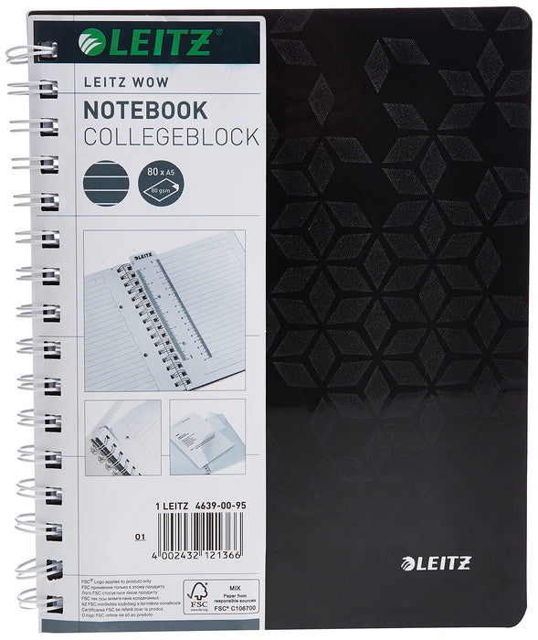 LEITZ Wow Wirebound Notebook A5 Ruled Black