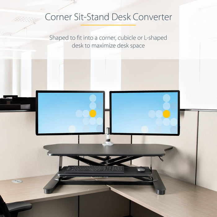 StarTech.com Height Adjustable Ergonomic Corner Sit Stand Desk Converter with Keyboard Tray 35 x 21 Inches Large Surface