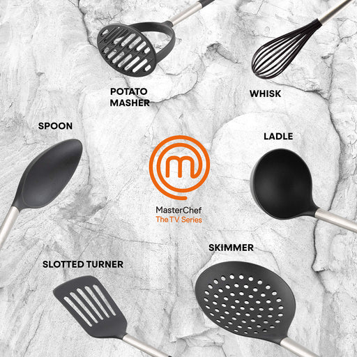 MasterChef Utensil Set incl. Slotted Turner, Ladle, Spoon, Skimmer, Potato Masher & Whisk Black