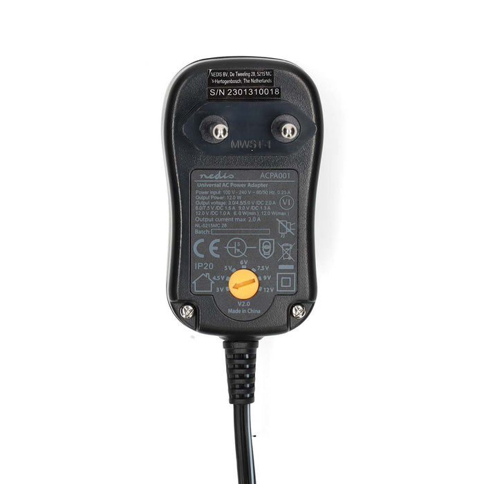 Nedis Universal AC Power Adapter - 12 W, 3 - 12 V DC, 1.80 m, 6 plug(s) - Black