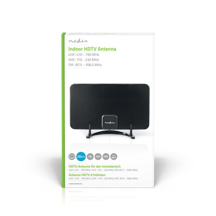 Nedis Indoor HDTV Antenna - Active, FM / UHF / VHF, Reception range: 0-25 km, ABS - Black