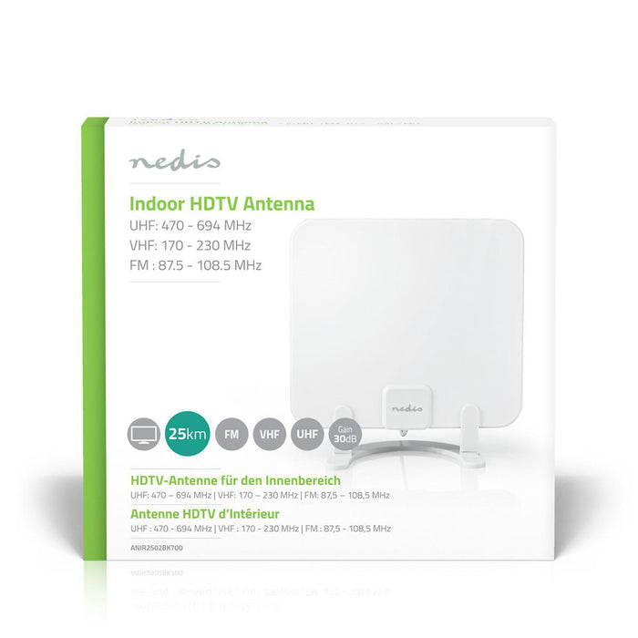 Nedis Indoor HDTV Antenna - Active, FM / UHF / VHF, Reception range: 0-25 km, ABS - White