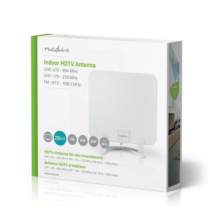 Nedis Indoor HDTV Antenna - Active, FM / UHF / VHF, Reception range: 0-25 km, ABS - White