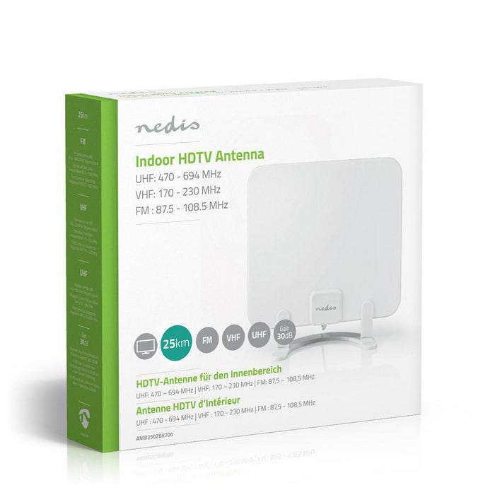 Nedis Indoor HDTV Antenna - Active, FM / UHF / VHF, Reception range: 0-25 km, ABS - White