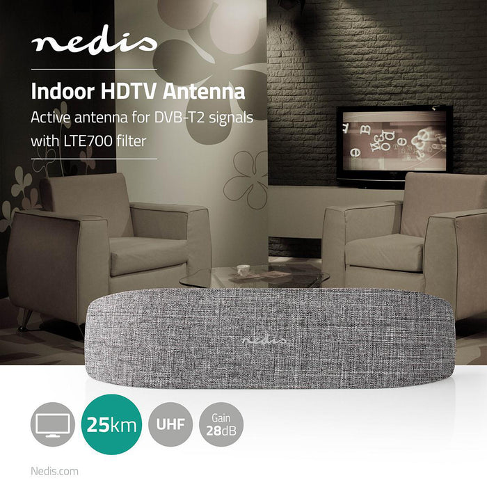 Nedis Indoor HDTV Antenna - Active, UHF, Reception range: 0-25 km, ABS / Fabric - Grey