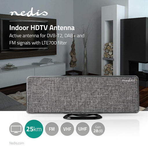 Nedis Indoor HDTV Antenna - Active, FM / UHF / VHF, Reception range: 0-25 km, ABS / Fabric - Grey