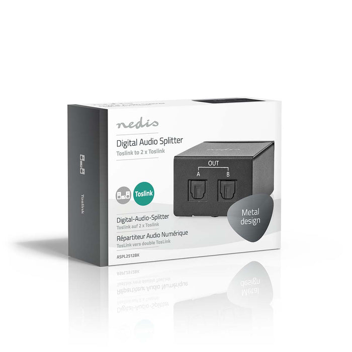 Nedis Digital Audio Splitter - 2-way, Connection input: TosLink Female, Connection output: 2x TosLink, Metal - Black