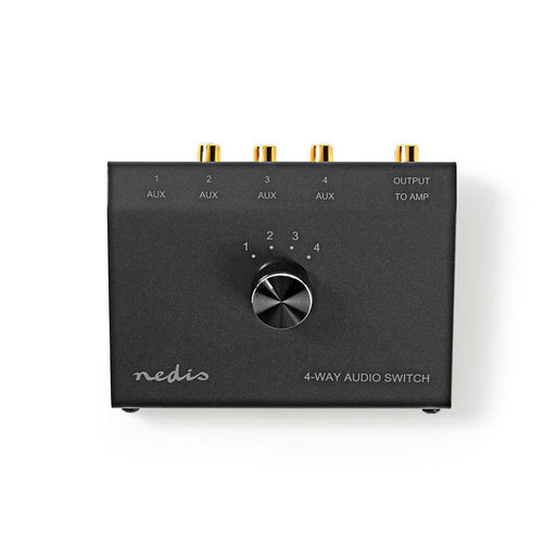 Nedis Analogue Audio Switch - 4 port(s), Connection input: 1x 3.5 mm / 3x (2x RCA Female), Connection output: 1x (2x RCA Female), Metal - Black