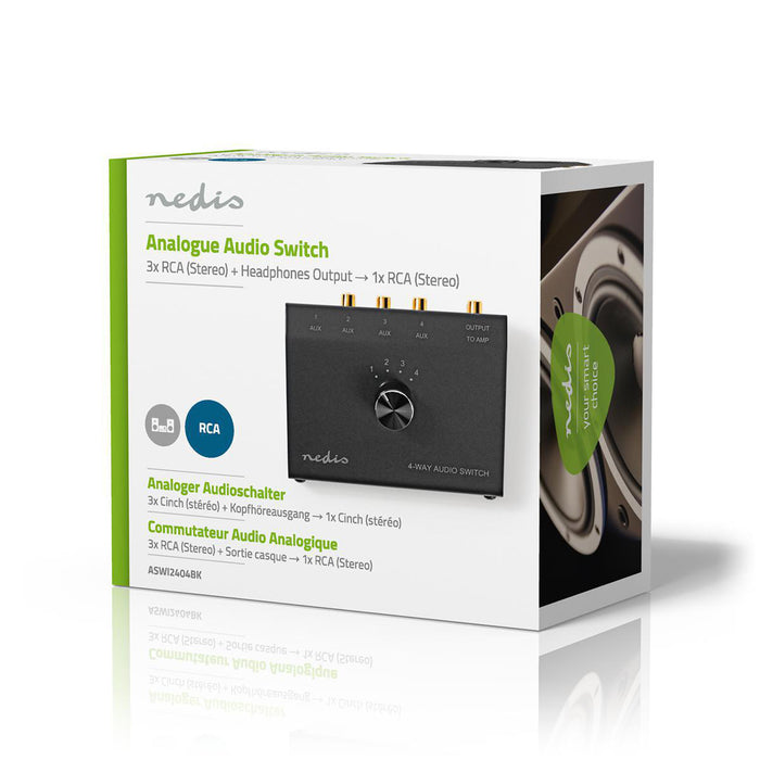 Nedis Analogue Audio Switch - 4 port(s), Connection input: 1x 3.5 mm / 3x (2x RCA Female), Connection output: 1x (2x RCA Female), Metal - Black