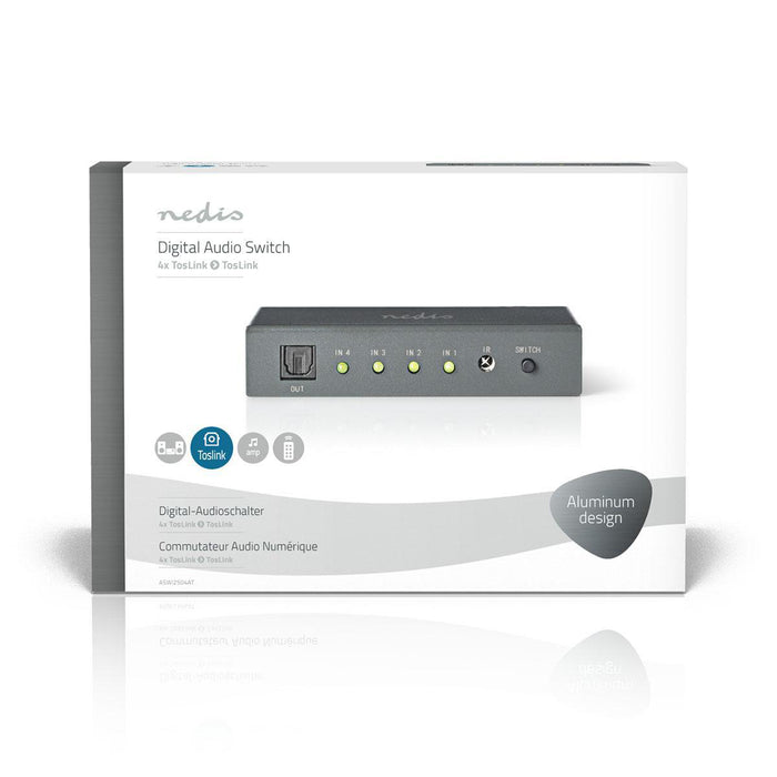 Nedis Digital Audio Switch - 4-way, Connection input: 4x TosLink, Connection output: 1x TosLink, ABS / Metal - Dark Grey