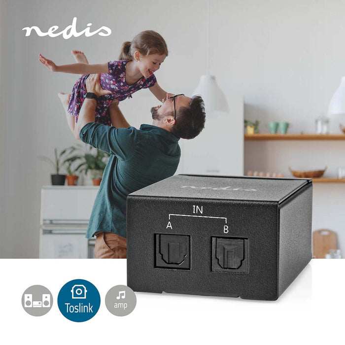 Nedis Digital Audio Switch - 2-way, Connection input: DC Power / 2x TosLink, Connection output: TosLink Female, Metal - Black