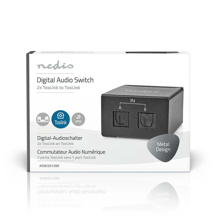 Nedis Digital Audio Switch - 2-way, Connection input: DC Power / 2x TosLink, Connection output: TosLink Female, Metal - Black