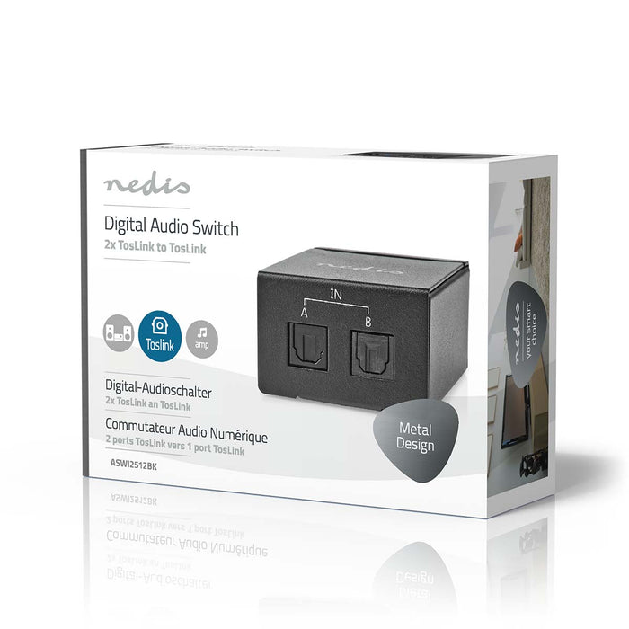 Nedis Digital Audio Switch - 2-way, Connection input: DC Power / 2x TosLink, Connection output: TosLink Female, Metal - Black