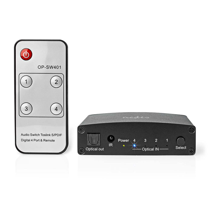 Nedis Digital Audio Switch - 4-way, Connection input: DC Power / 4x TosLink, Connection output: TosLink Female, Metal - Black