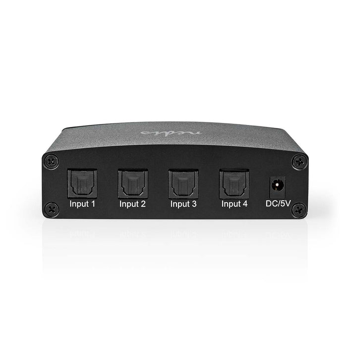 Nedis Digital Audio Switch - 4-way, Connection input: DC Power / 4x TosLink, Connection output: TosLink Female, Metal - Black