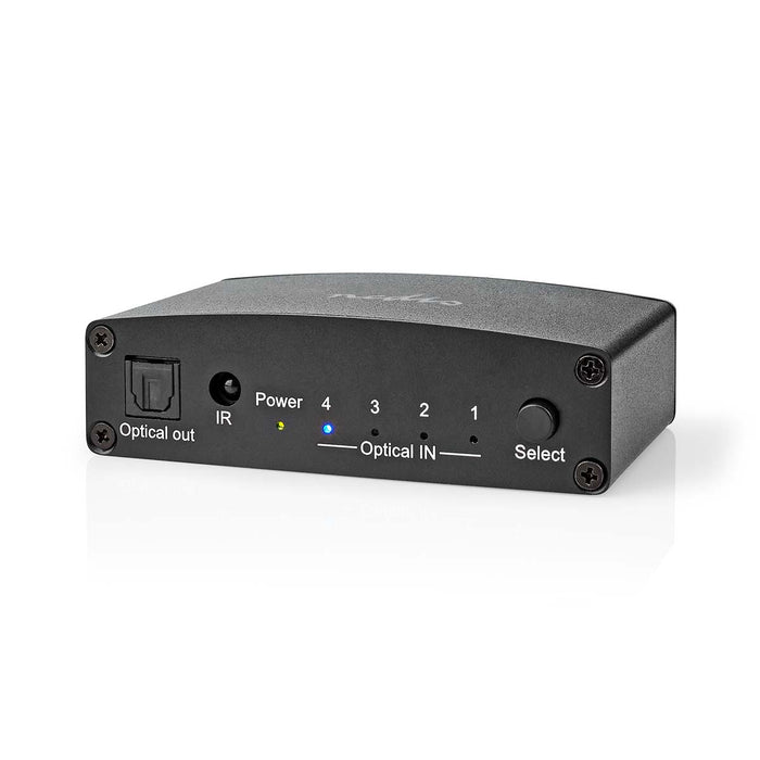 Nedis Digital Audio Switch - 4-way, Connection input: DC Power / 4x TosLink, Connection output: TosLink Female, Metal - Black