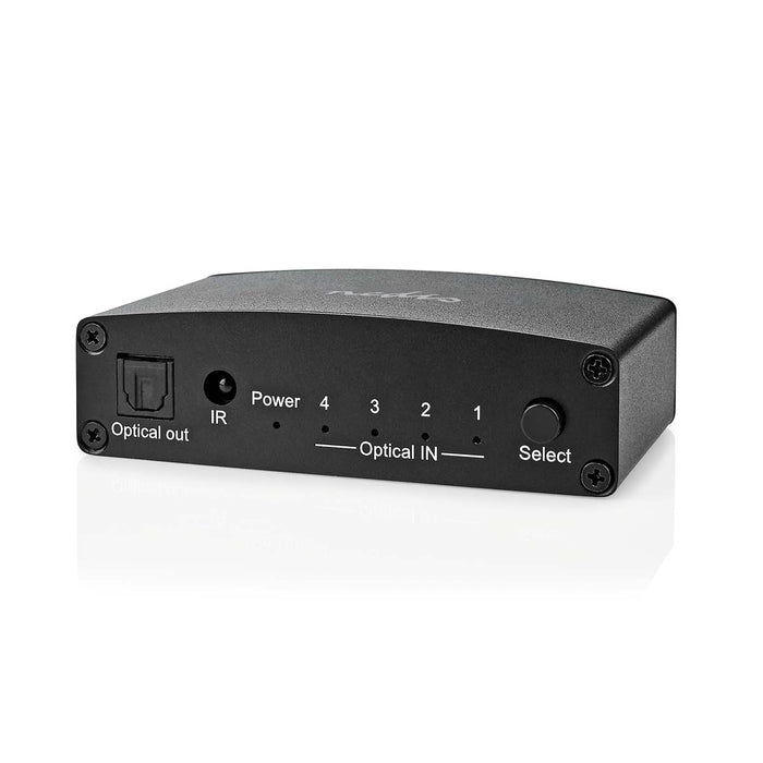 Nedis Digital Audio Switch - 4-way, Connection input: DC Power / 4x TosLink, Connection output: TosLink Female, Metal - Black