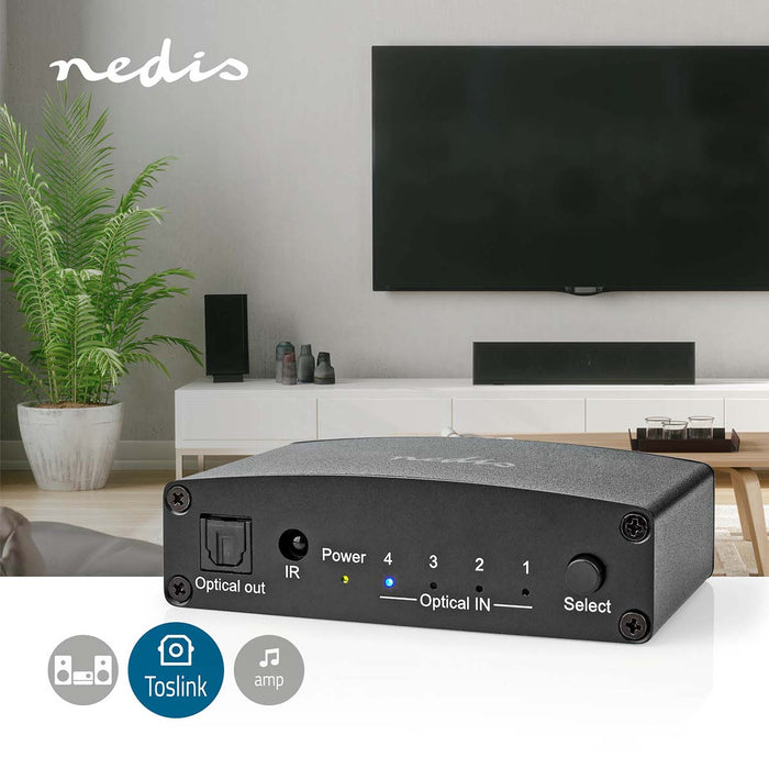 Nedis Digital Audio Switch - 4-way, Connection input: DC Power / 4x TosLink, Connection output: TosLink Female, Metal - Black