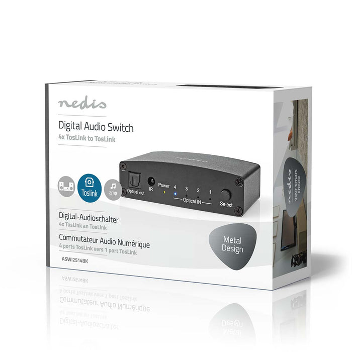 Nedis Digital Audio Switch - 4-way, Connection input: DC Power / 4x TosLink, Connection output: TosLink Female, Metal - Black