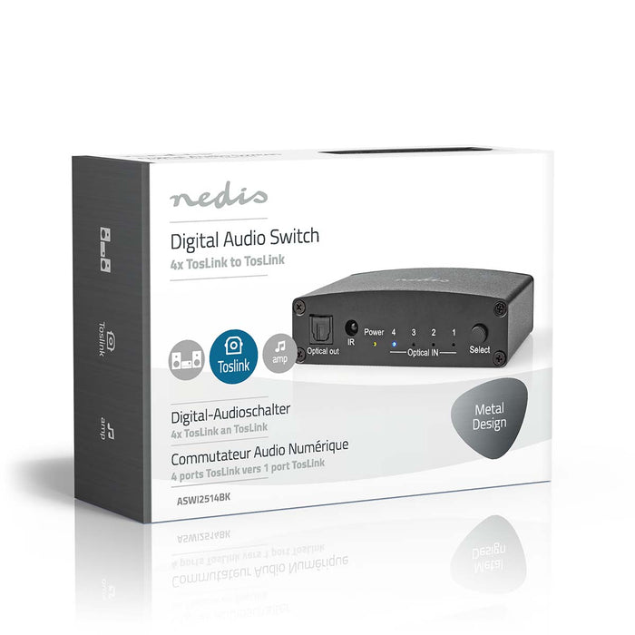 Nedis Digital Audio Switch - 4-way, Connection input: DC Power / 4x TosLink, Connection output: TosLink Female, Metal - Black