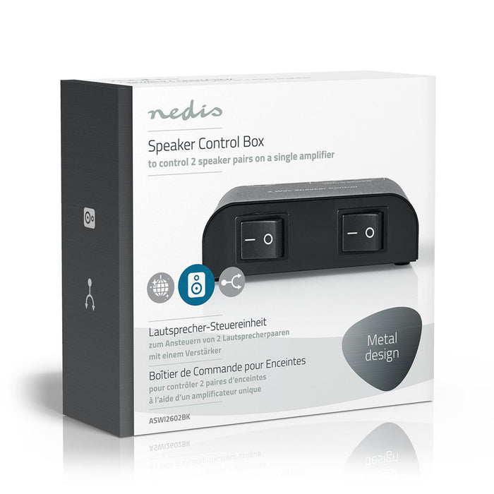 Nedis Speaker Control Switchbox - 2 port(s), Terminal Clamps, Speaker impedance: 4-16 Ohm, Aluminium - Black