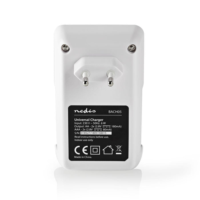 Nedis NiMH Battery Charger AA / AAA - 1.2 V DC, Trickle charging, Type C (CEE 7/16), Battery type: AA / AAA - Black / White