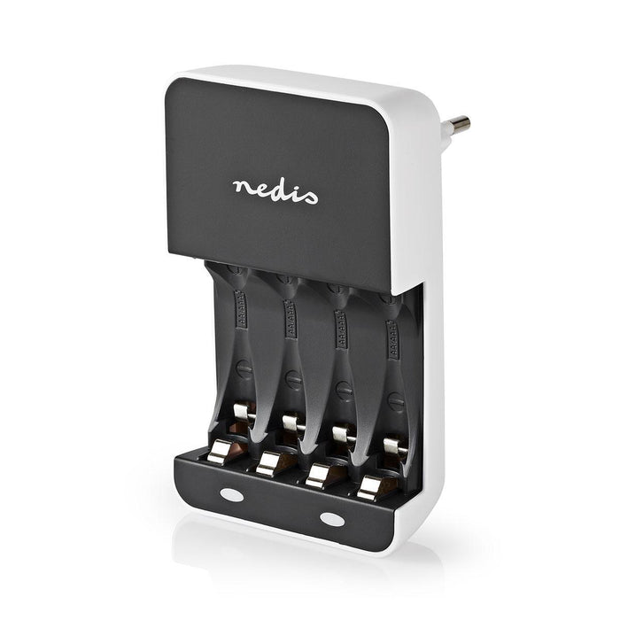 Nedis NiMH Battery Charger AA / AAA - 1.2 V DC, Trickle charging, Type C (CEE 7/16), Battery type: AA / AAA - Black / White