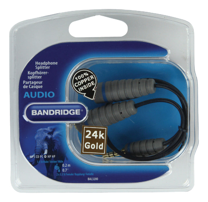 Bandridge Stereo Audio Cable 3.5 mm Male - 2x 3.5 mm Female 0.20 m Blue