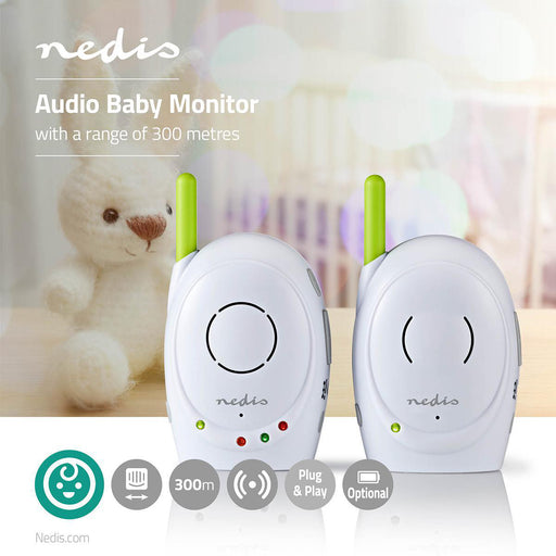 Nedis Audio Baby Monitor - FHSS (Frequency-Hopping Spread Spectrum), With talk back function, Range: 300 m, Battery Powered / Mains Powered - Green / White