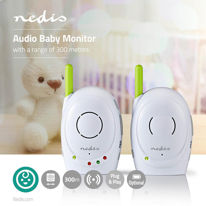 Nedis Audio Baby Monitor - FHSS (Frequency-Hopping Spread Spectrum), With talk back function, Range: 300 m, Battery Powered / Mains Powered - Green / White