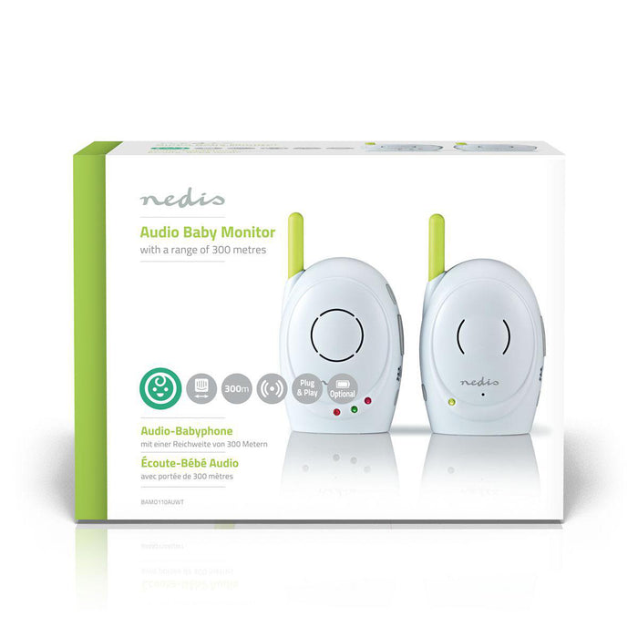 Nedis Audio Baby Monitor - FHSS (Frequency-Hopping Spread Spectrum), With talk back function, Range: 300 m, Battery Powered / Mains Powered - Green / White