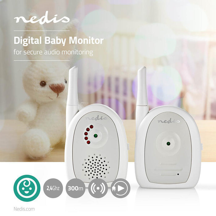 Nedis Audio Baby Monitor - FHSS (Frequency-Hopping Spread Spectrum), Range: 300 m, Battery Powered / Mains Powered, Battery Powered / Mains Powered - Grey / White