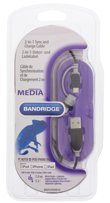 Bandridge 2-in-1 Sync and Charge Cable USB-A Male - Micro B Male 1.00 m Black + Lightning Adapter