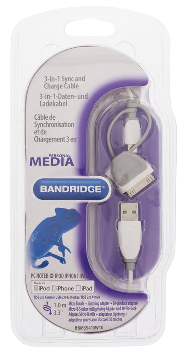 Bandridge 3-in-1 Sync and Charge Cable USB-A Male - Micro B Male 1.00 m White + 30-Pin Dock Adapter / Lightning Adapter